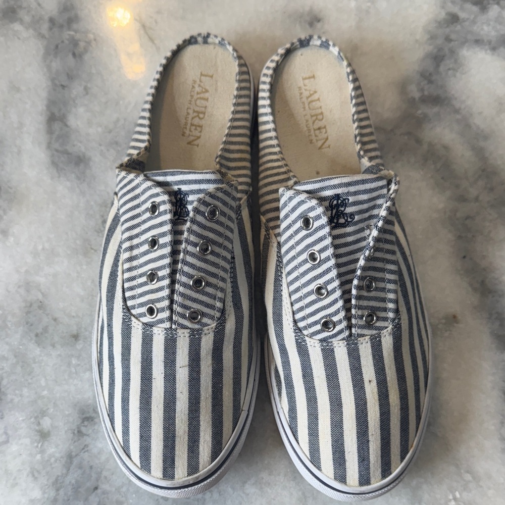 Lauren Ralph Lauren Jaida slip on boat shoes Striped canvas Blue & White 6215